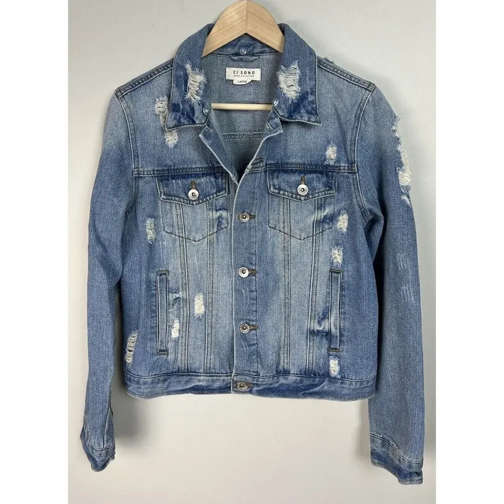 Ci Sono Distressed Jean Denim Jacket Size Large Cotton Blend DJK161 Women’s